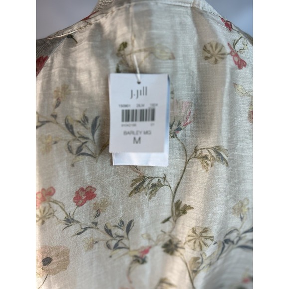 J Jill Linen Blend Sheer Floral Jacket Tunic Top M Barley Long Sleeve w/ Pockets - Picture 8 of 11
